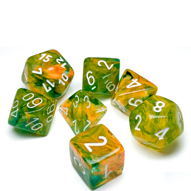 Chessex 7pc Polyhedral Dice Set - Nebula: Spring w/ White - Luminary: Glow in the Dark!