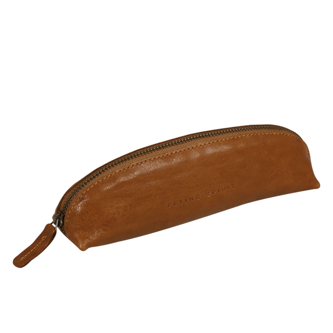 Flying Spirit Triangular Pencil Case, Genuine Leather - Cognac
