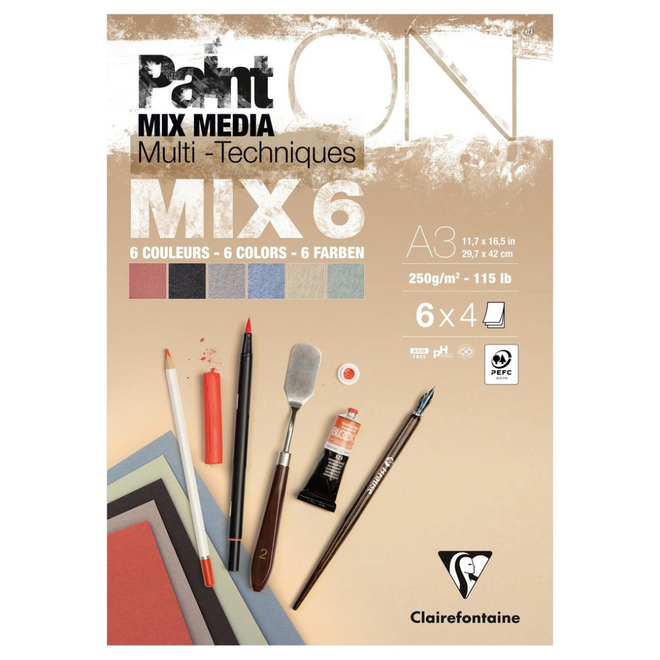 Paint'ON Mix Media Pad - A3, 250g - 6 Colours, 24 Sheets