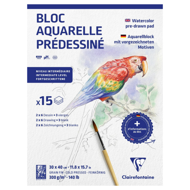 Pre-Drawn Watercolour Pad: Animals - 30x40cm, Cold Pressed, 300g - 6 Drawings, 15 Sheets