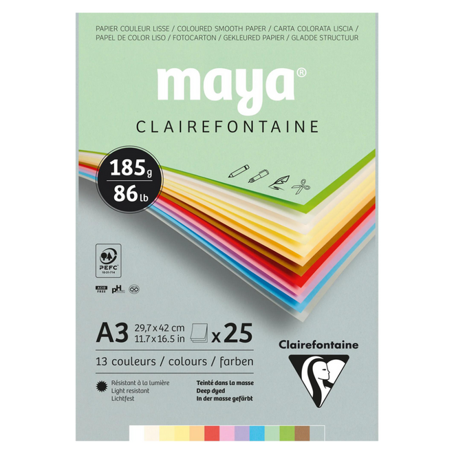 Maya Coloured Paper - Smooth Grain, 185g, A3 - 13 Colours, 25 Sheets