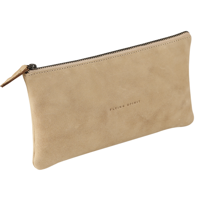 Flying Spirit Flat Pencil Case, Genuine Leather - Beige