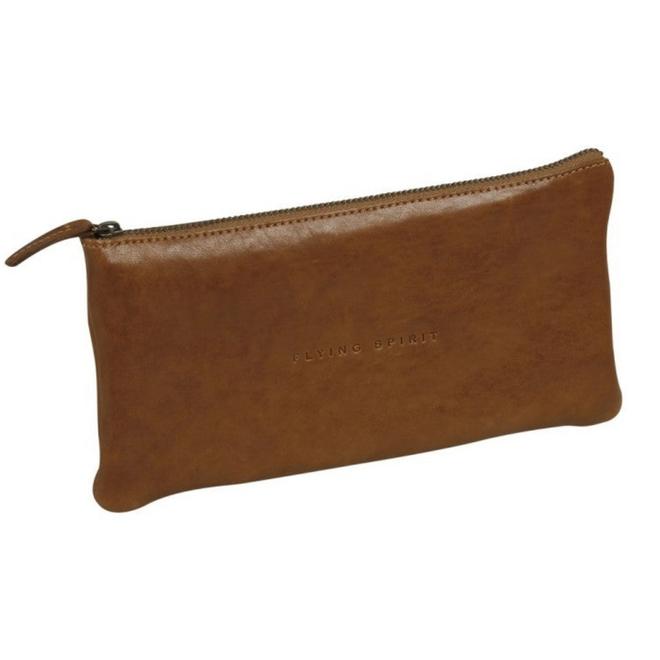 Flying Spirit Flat Pencil Case, Genuine Leather - Cognac