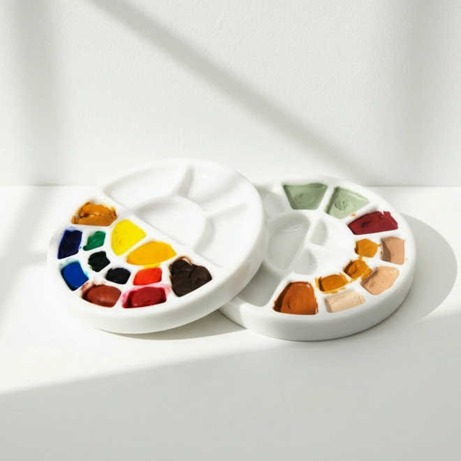 Mini Handmade Ceramic Palette With 16 Wells - Set of 2 in a Metal Tin