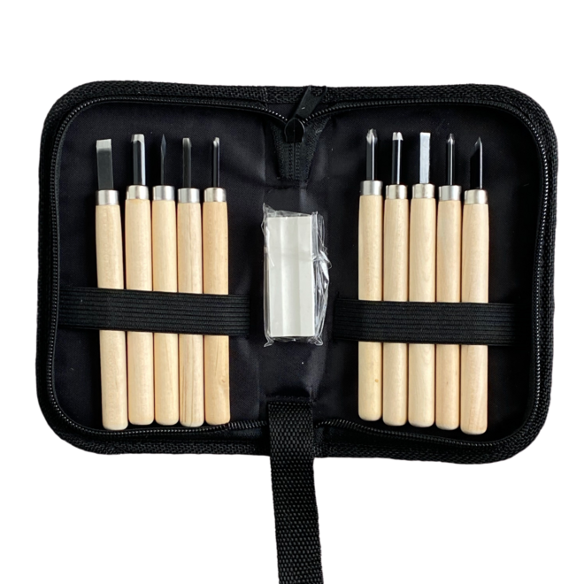Wood Carving Set of 10 Knives with Cloth Bag and Whetstone