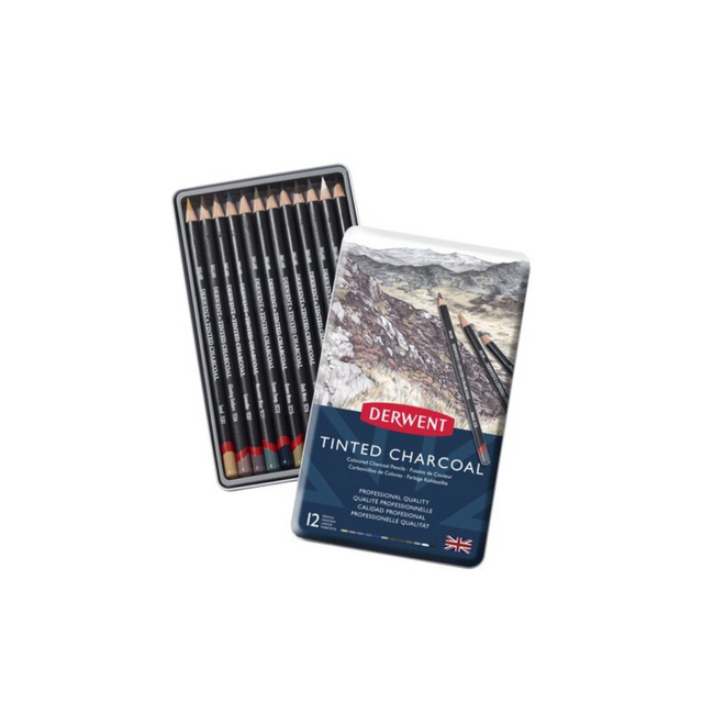 Derwent Tinted Charcoal - Tin of 12 Coloured Charcoal Pencils