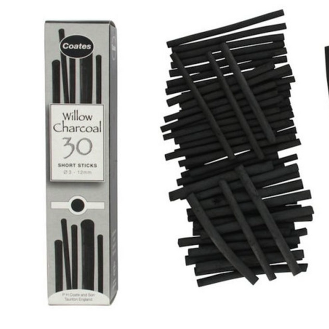 Coates Willow Charcoal - 3-12mm Diameter Short Sticks, 30Pc