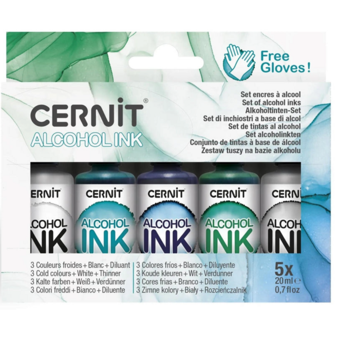 Cernit Alcohol Ink Set - 5 x 20ml, Cold Colours + Thinner