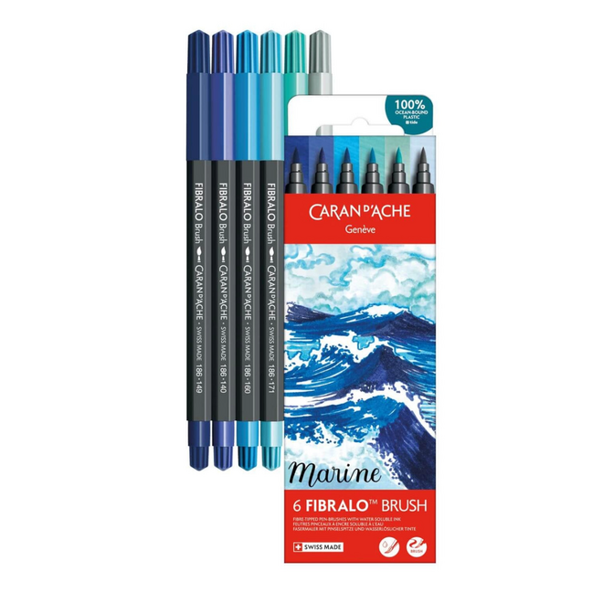 Caran d'Ache Fibralo Brush Marker - Set of 6: Marine