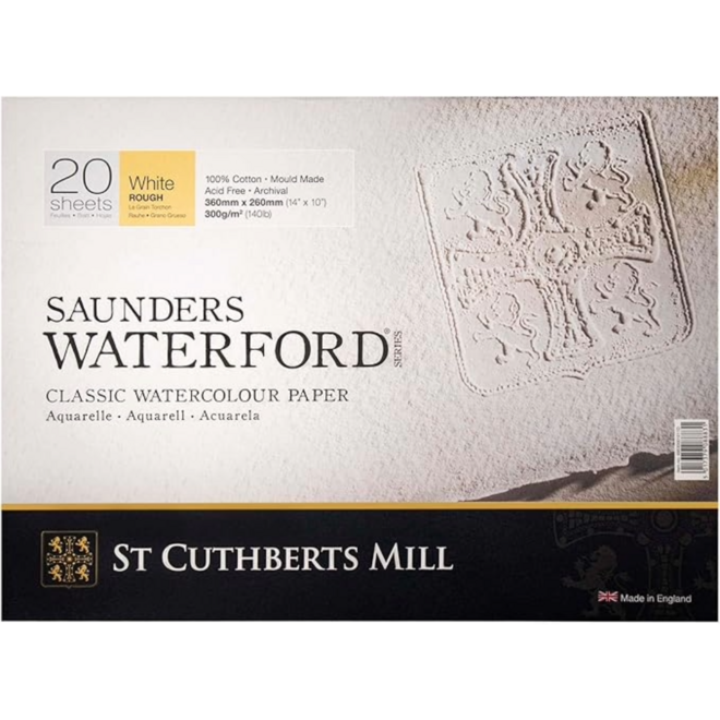 Saunders Waterford Rough Block White 300G / 140Lb 14X10" 20 Sheets Of Cotton Watercolour Paper