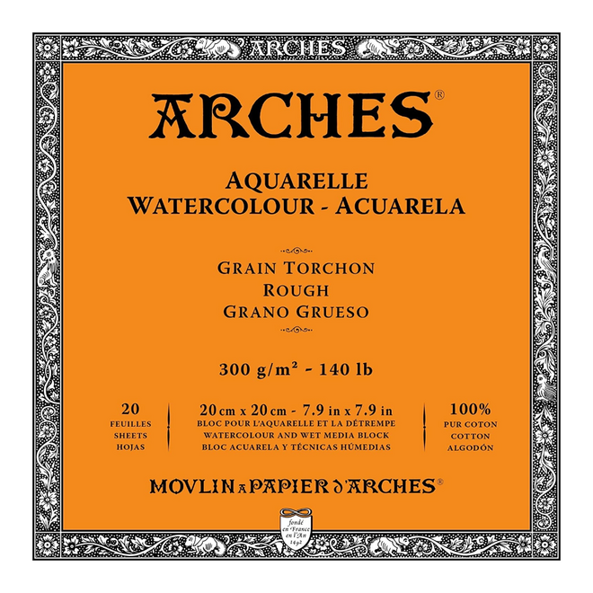Archesâ® Watercolour Rough 7.9" X 7.9" - 140Lb / 300Gsm Natural White 20 Sheet Block