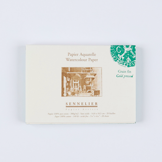 Sennelier 100% Watercolour Block - 140lb/300g, 14,8x10,5cm/6x4", 20 Sheets - Cold Pressed