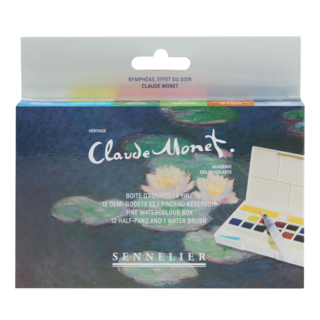 Sennelier Fine Watercolour Box - Claude Monet Heritage Set: Water Lilies - 12 Half Pans & Water Brush