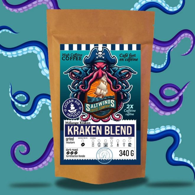 Saltwinds Coffee Company: 340g - Kraken Blend - Dark, Ground - 2x Caffeine
