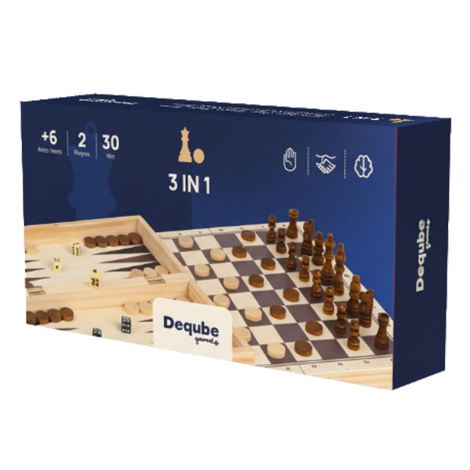 Deqube Wooden 3-in-1 Chess, Checkers, & Backgammon Game
