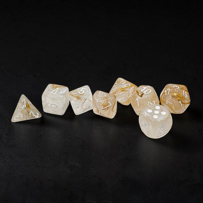 Chessex Lab Dice: 8pc Polyhedral Set - NEW Borealis: Champagne w/ White - Luminary: Glow in the Dark!