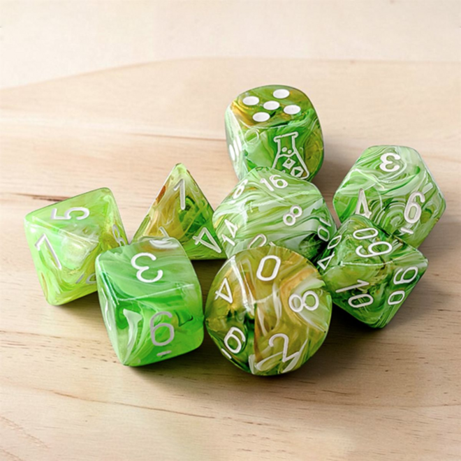 Chessex Lab Dice: 8pc Polyhedral Set - NEW Marble: Sour Green w/ White - Blacklight Reactive!