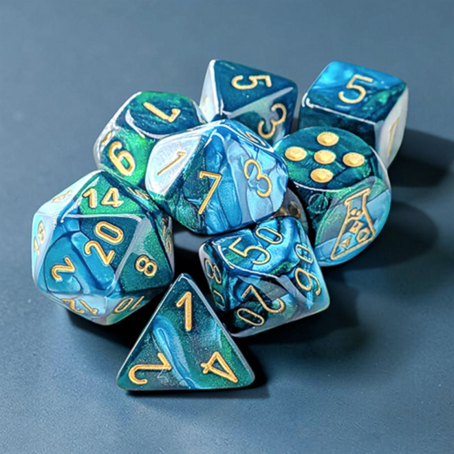 Chessex Lab Dice: 8pc Polyhedral Set - NEW Gemini: Green & Teal w/ Gold