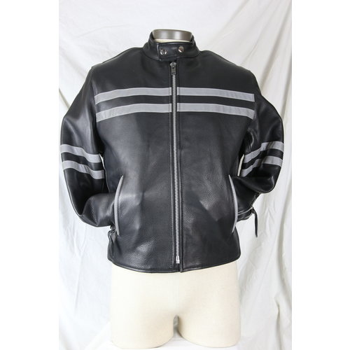 Safari Collections Men’s Reflective Striped Straight Collar Leather Biker Jacket with Zip-Out Liner Safari Collections Men’s Reflective Striped Straight Collar Leather Biker Jacket with Zip-Out Liner