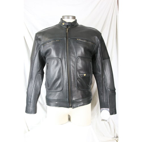 Cruiser by Sofari Men’s Leather Biker Jacket Black Brass Accents Nehru Collar Zip-Out Liner