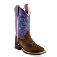 Old West Youth Square Toe Leather Western Boot Brown and Purple Shaft BSY1907
