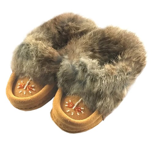 Eugene Cloutier Laurentian Chief Toddlers Lined and Beaded Fur Trimmed Tan Suede Moccasins  - 648C