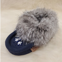 Laurentian Chief Toddlers Lined and Beaded Fur Trimmed Navy Blue Moccasins - 658C