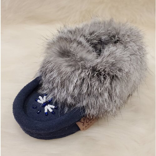 Eugene Cloutier Laurentian Chief Toddlers Lined and Beaded Fur Trimmed Navy Blue Moccasins - 658C