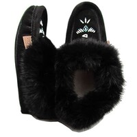 Laurentian Chief Women’s Moccasin - Fur Trimmed, Beaded, Padded Sole Black Suede- 653L