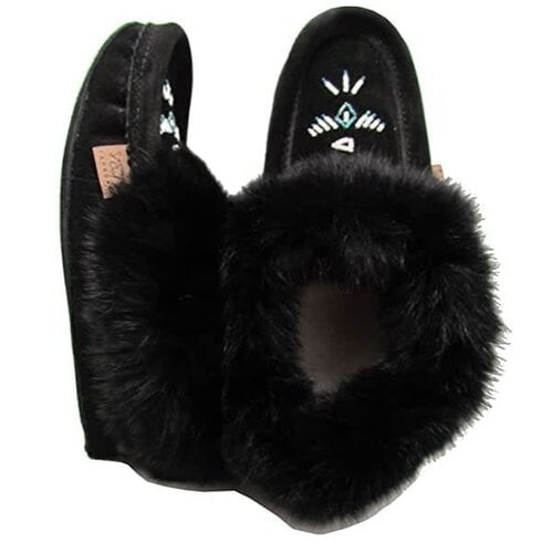 Eugene Cloutier Laurentian Chief Women’s Moccasin - Fur Trimmed, Beaded, Padded Sole Black Suede- 653L