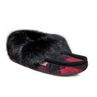 Laurentian Chief Women’s Suede/Wool Moccasins - Fur Trimmed, Padded Sole, Red/Black Plaid - 607BLRL