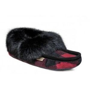 Eugene Cloutier Laurentian Chief Women’s Suede/Wool Moccasins - Fur Trimmed, Padded Sole, Red/Black Plaid - 607BLRL