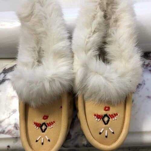 Eugene Cloutier Laurentian Chief Women’s Moccasins - Fur Trimmed, Beaded, Padded Sole - Natural - 671L