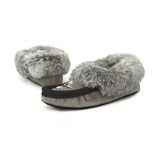 Eugene Cloutier Laurentian Chief Women’s Fur Trimmed, Beaded, Padded Sole Moccasins - Grey/Black - 6601L