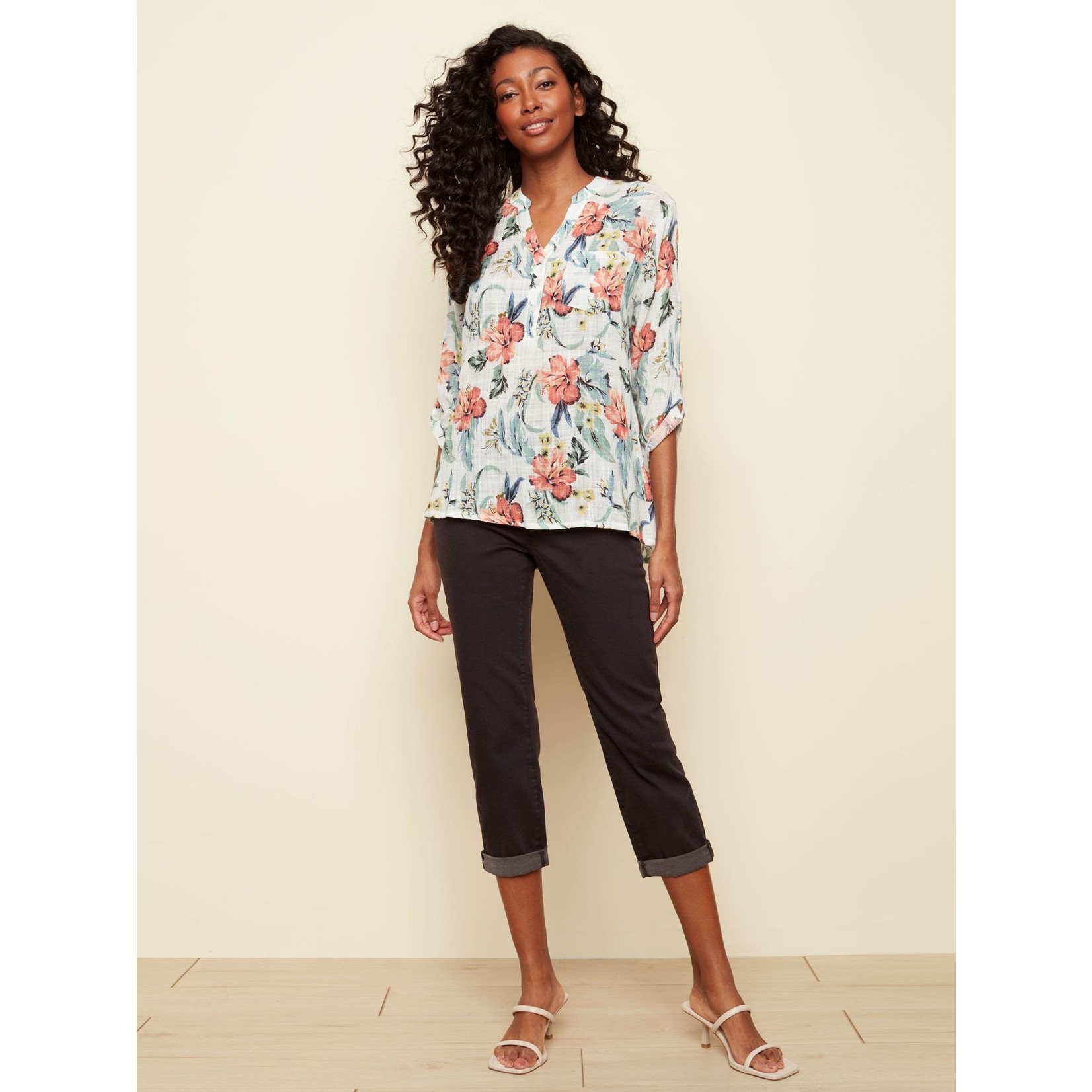 Charlie B Popover Blouse With Roll Up Sleeves C4188