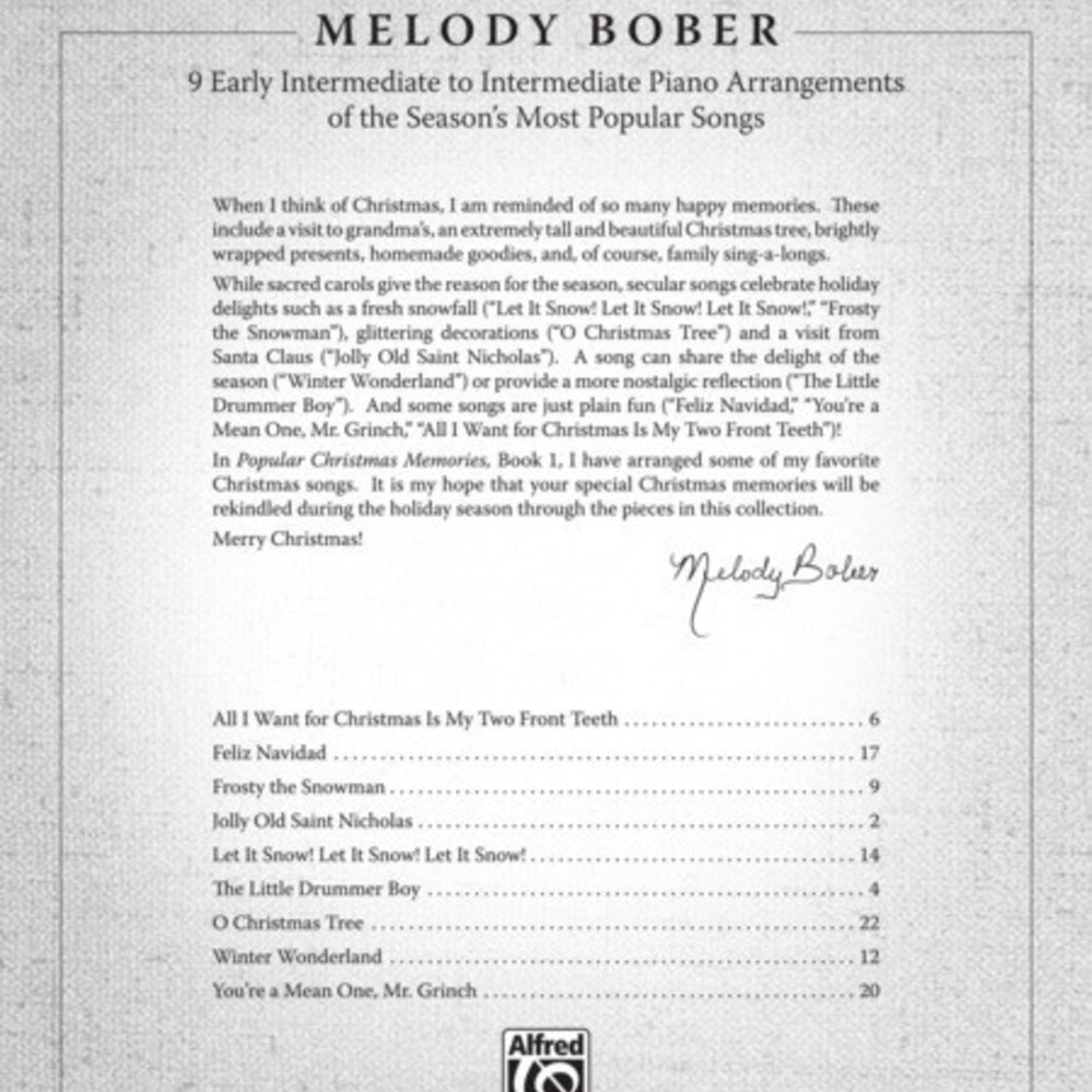 Christmas Memories Book 1: Piano Arrangements by Melody Bober Alfred Music