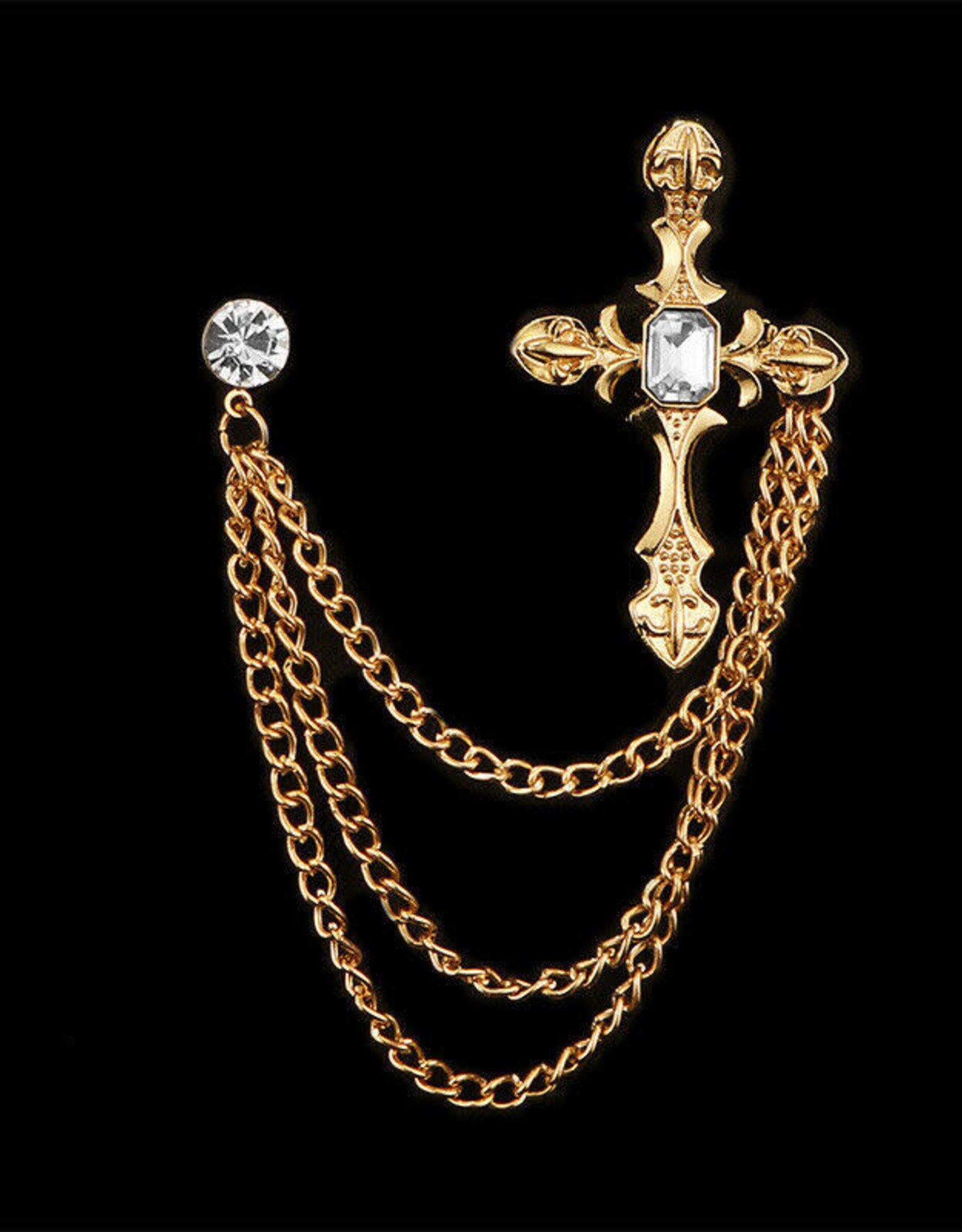 Lapel Pin Rhinestone Cross With Chain