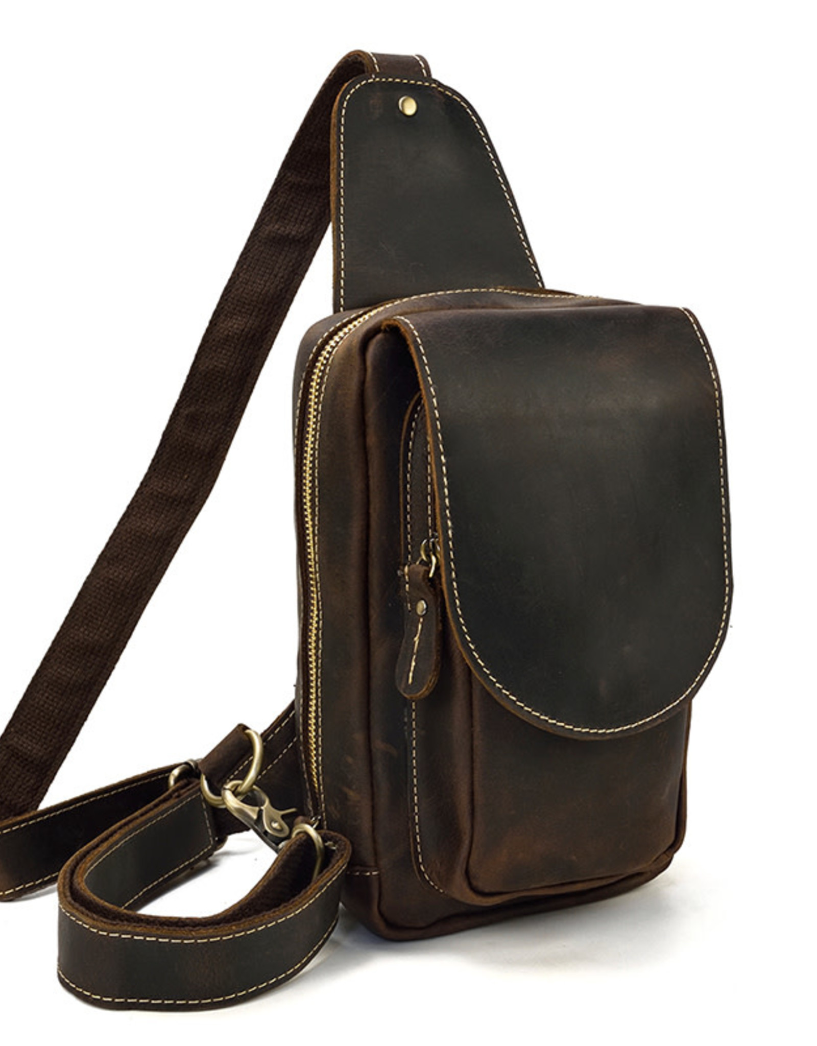 Crazy Horse Leather Sling Bag Vintage Leather Chest Bag Mens Crossbody Bag