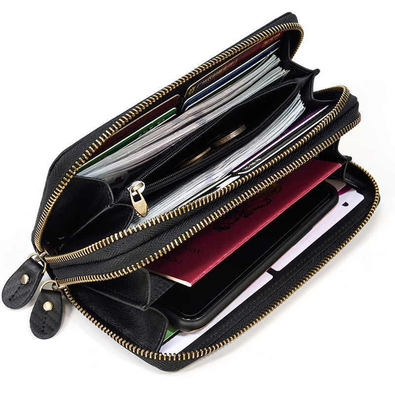 Andrew Long Wallet Gold Zipper Carbon Leather