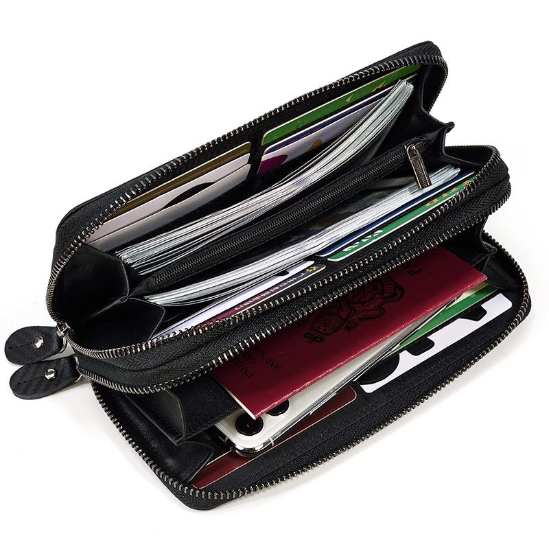 Elias Long Wallet Black Zipper Carbon Leather