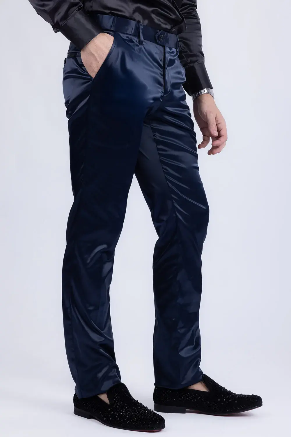 Vinci International Group Corp Pants ous-st Solid Stretch Sateen Ultra Slim  Navy