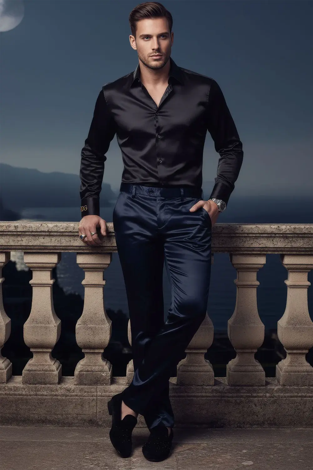 Vinci International Group Corp Pants ous-st Solid Stretch Sateen Ultra Slim  Navy