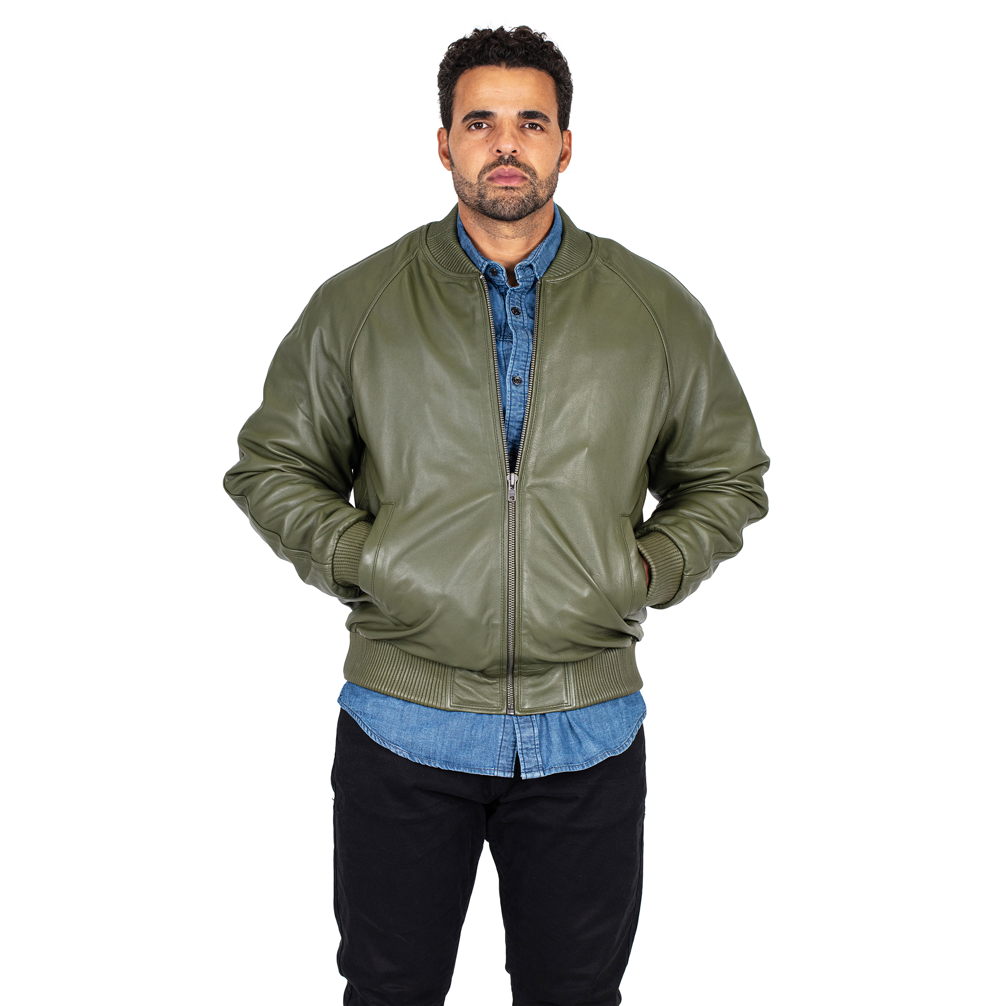 jackwood Genuine Lambskin Leather Baseball Varsity Jacket 1051 Olive