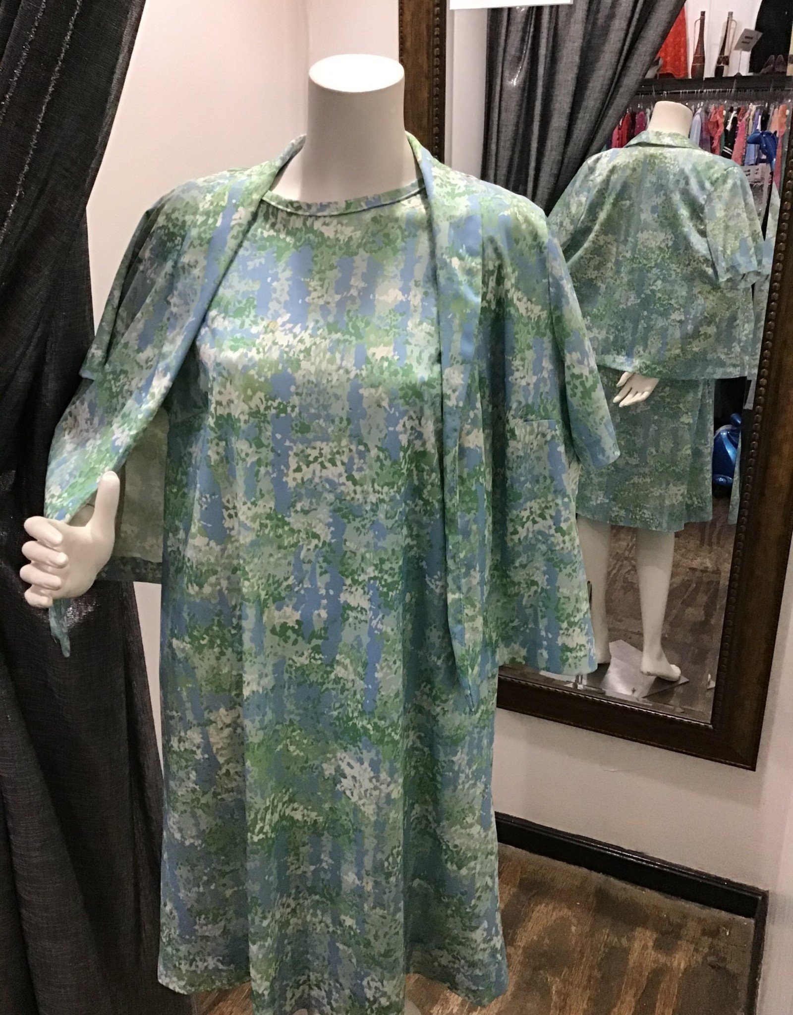 60's print 2 pc dress & jacket set blue/green/white