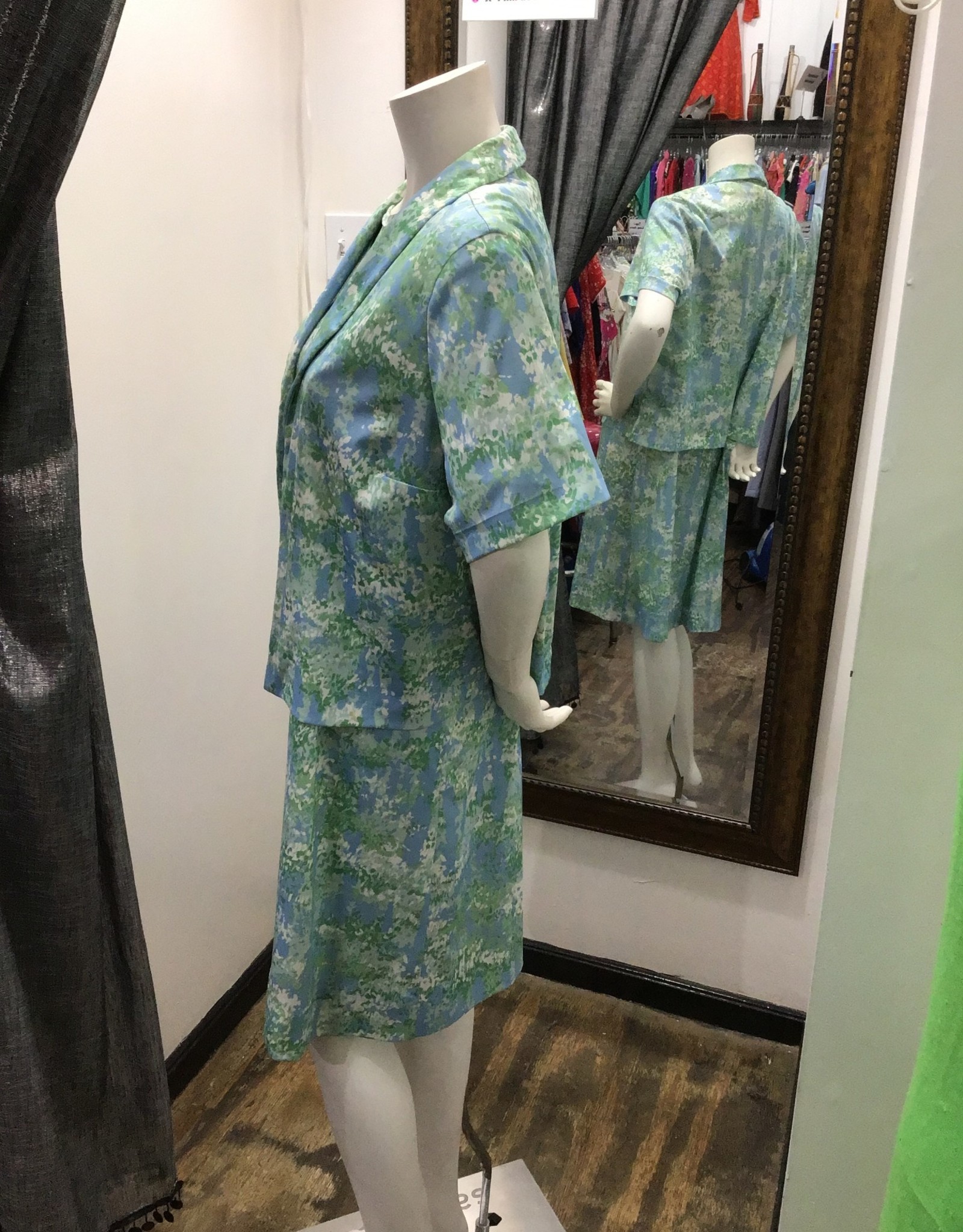 60's print 2 pc dress & jacket set blue/green/white