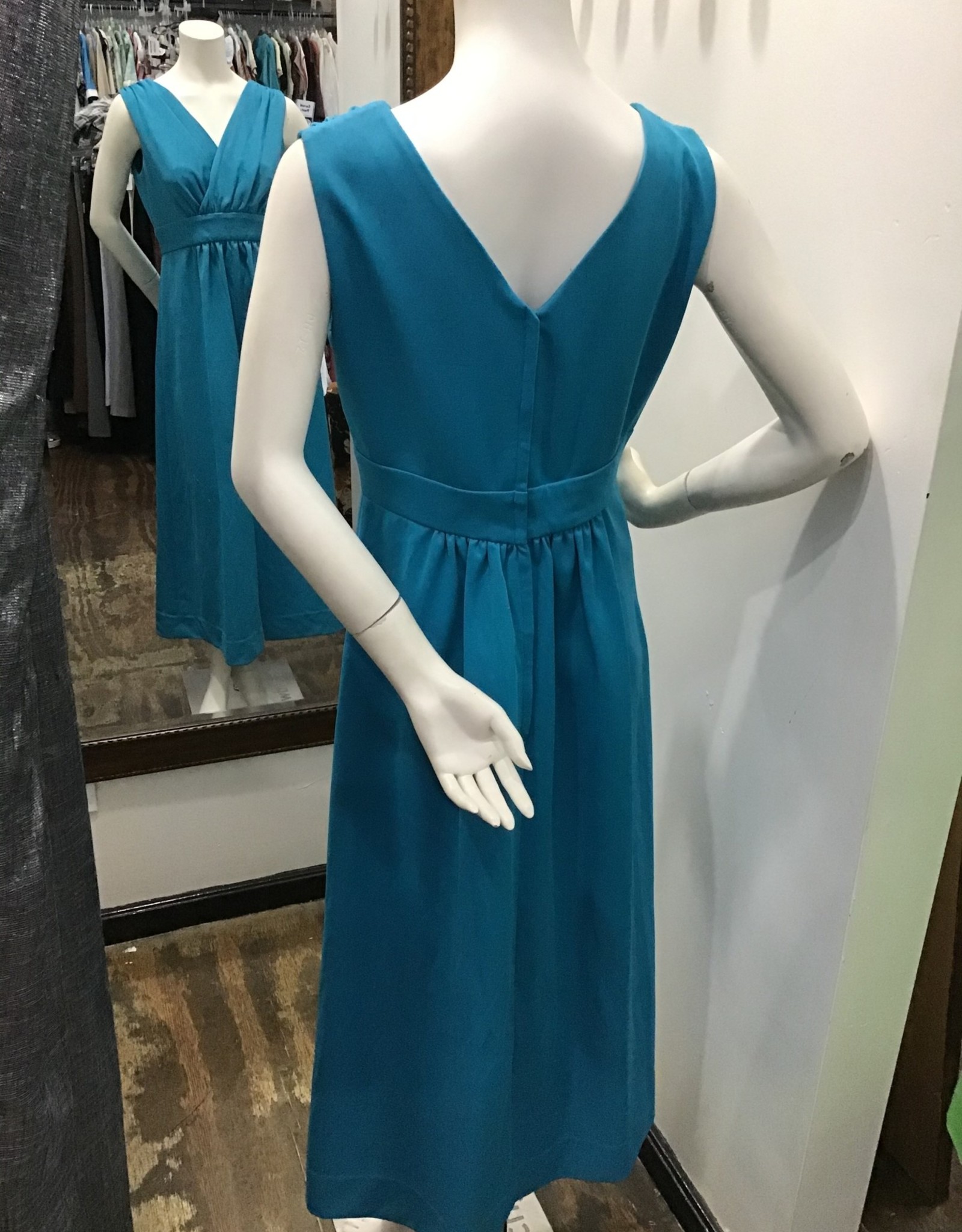 70's turqoise polyester v neck dress