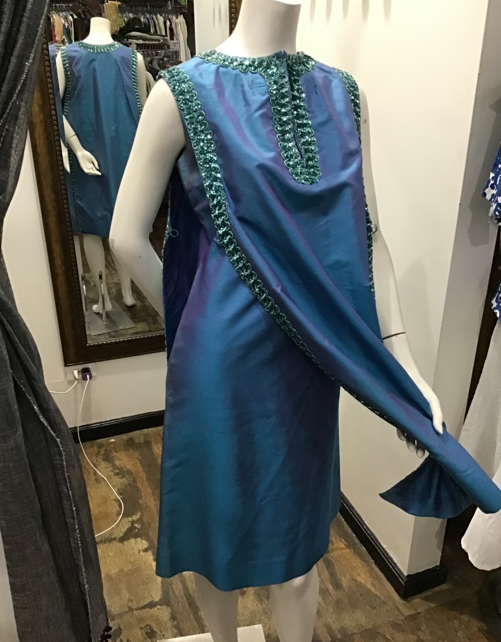 60's blue dress w sequined cape