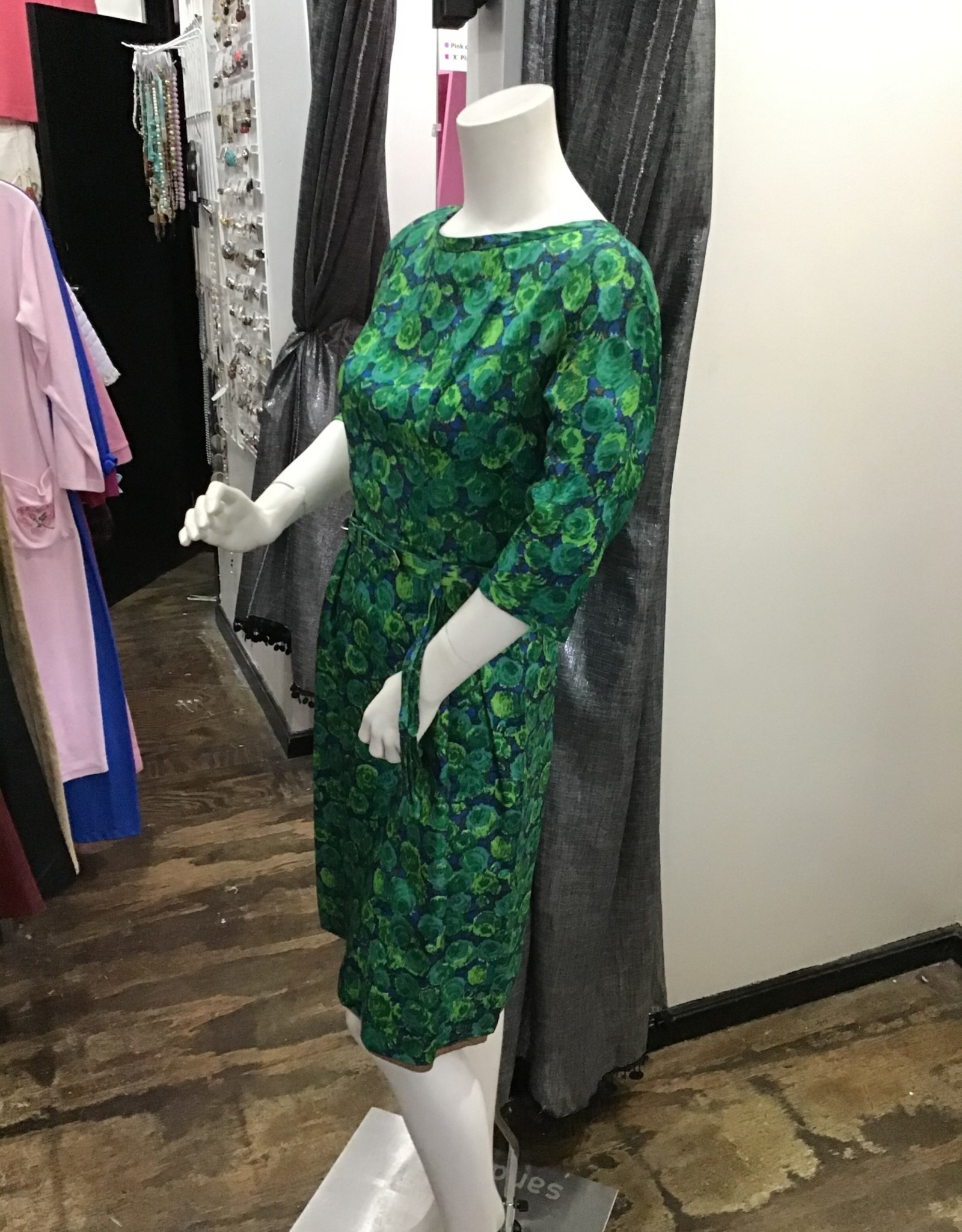 50s custom silk green floral dress w/ belt