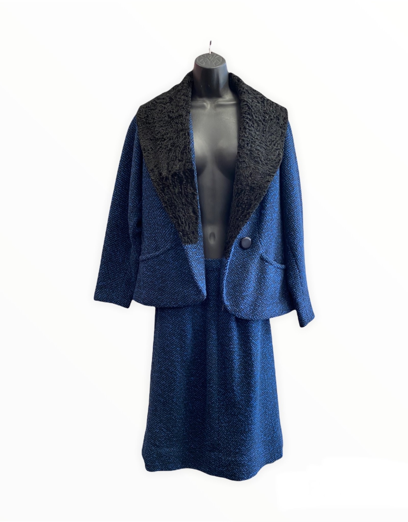 Henry C Lytton &Co. 60s Blue tweed jacket/skirt w/black wool details