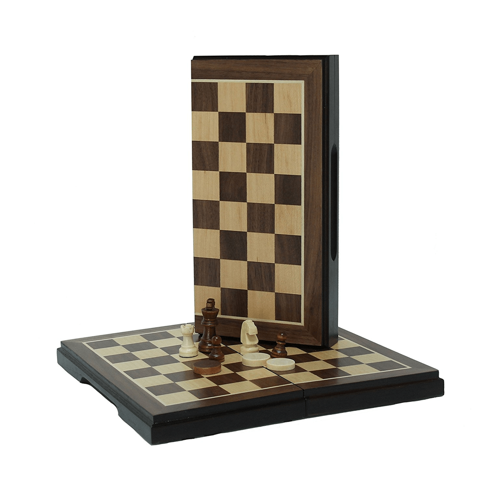 Wood Expressions CHESS SET: 2-in-1 Travel Walnut Folding Magnetic (8")